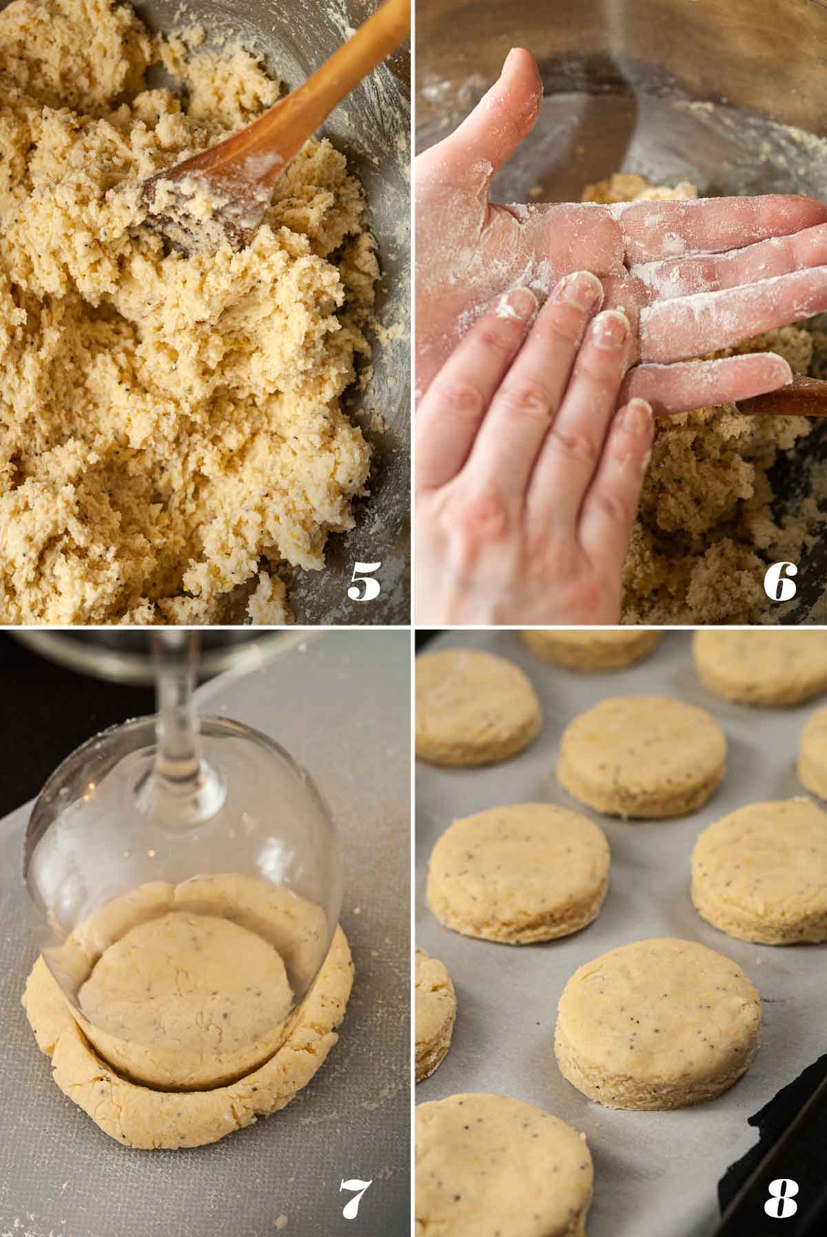 A collage of 4 numbered images showing how to shape scones.
