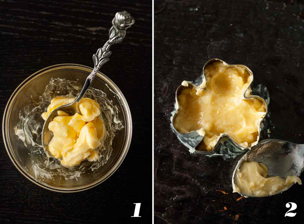 2 numbered images showing how to make shamrock-shaped butter