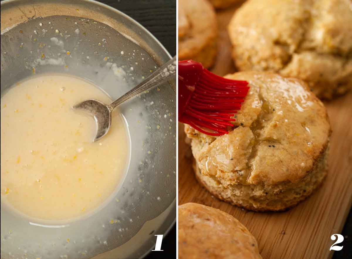 2 numbered images showing how to glaze a scone.