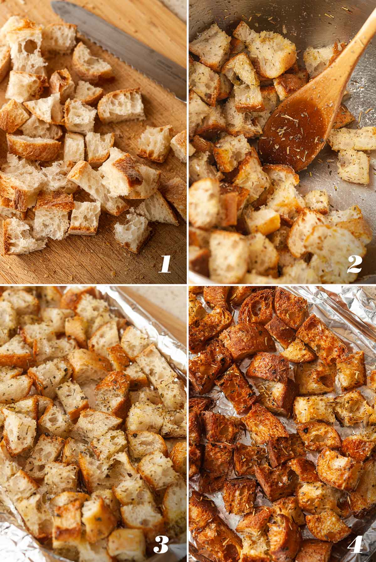 A collage of 4 numbered images showing how to make Italian croutons.