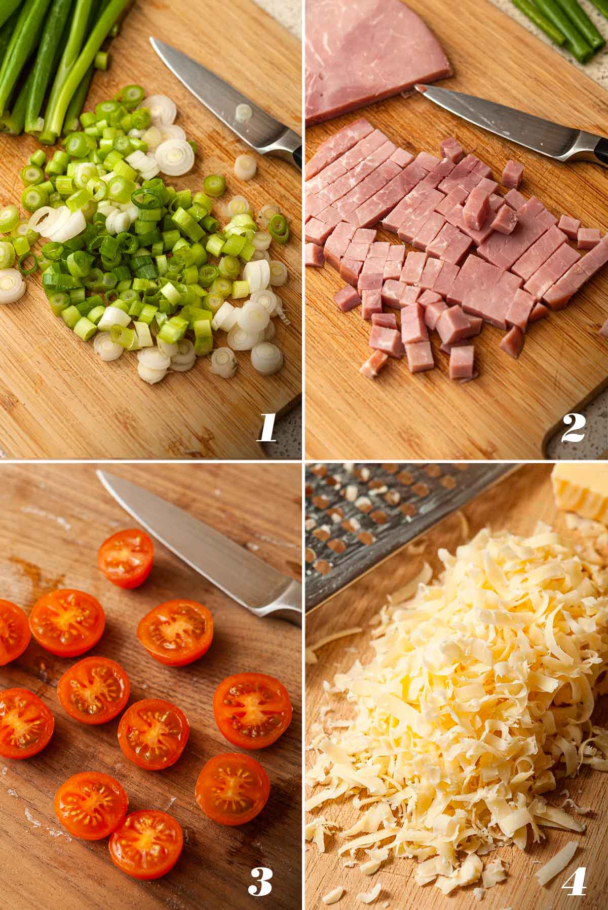 A collage of 4 numbered images showing how to prepare ingredients for mini-quiche.