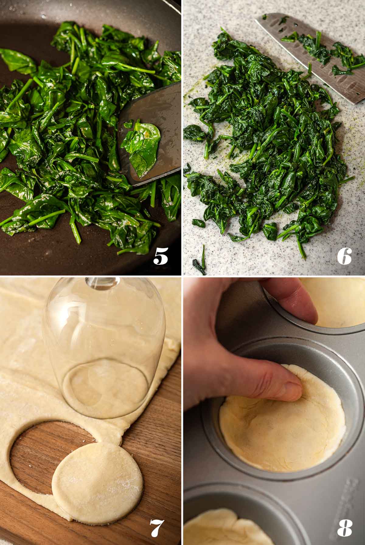 A collage of 4 numbered images showing how to chop spinach and make puff pastry disks.