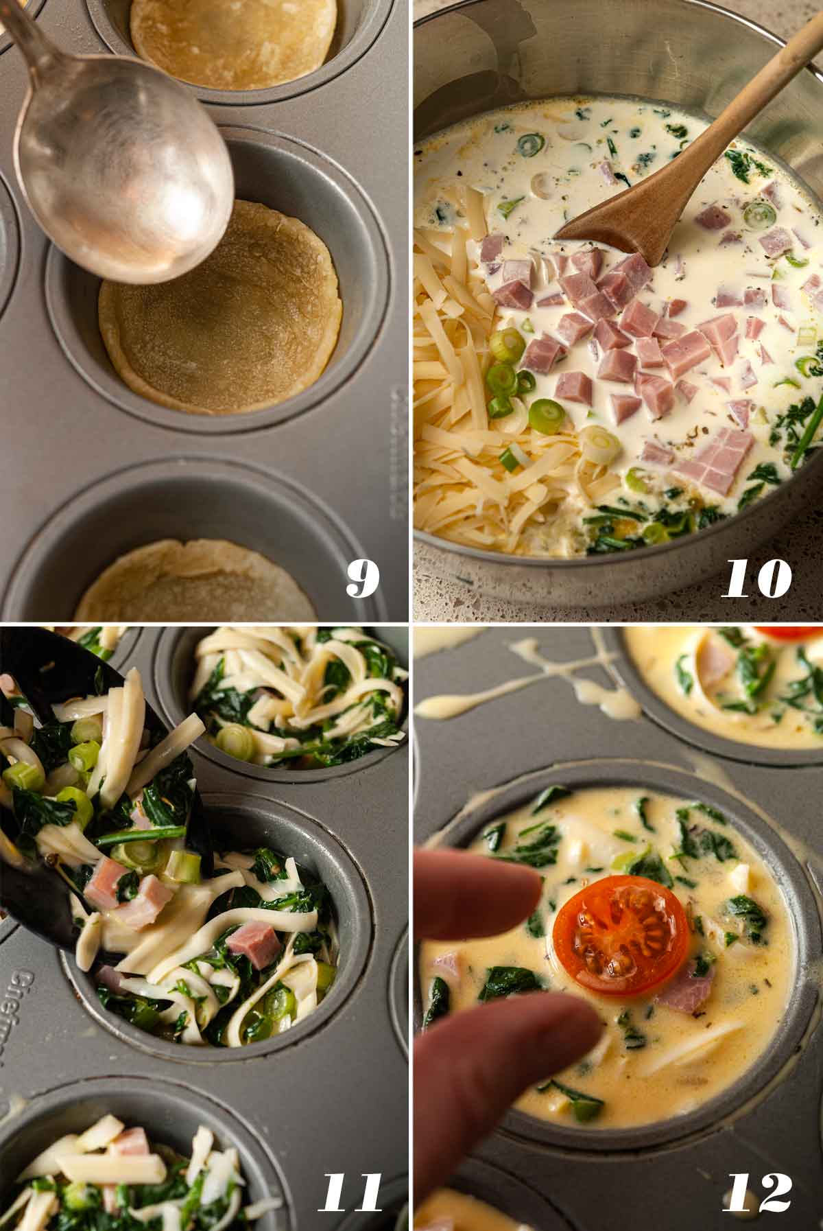 A collage of 4 numbered images showing how to prepare quiches for baking.
