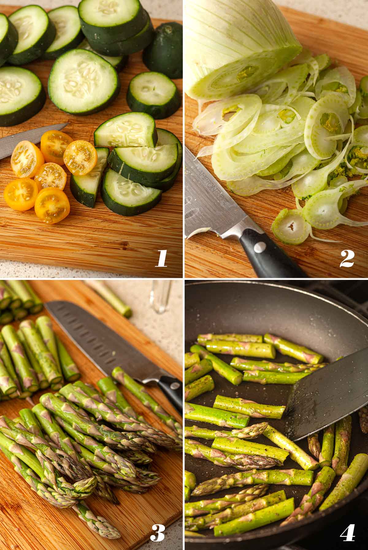 A collage of 4 numbered images showing how to prepare ingredients for salad.
