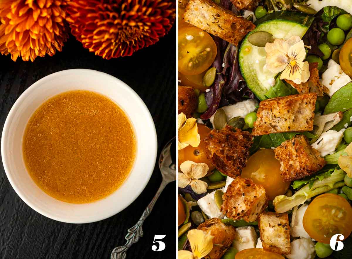 2 numbered images showing apple cider vinaigrette and salad.