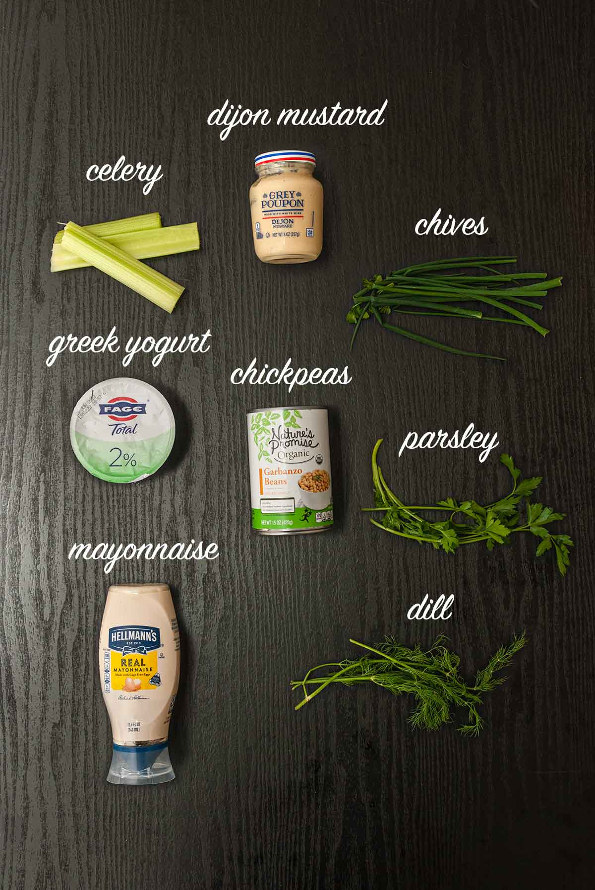 8 ingredients on a table with labels describing what they are.