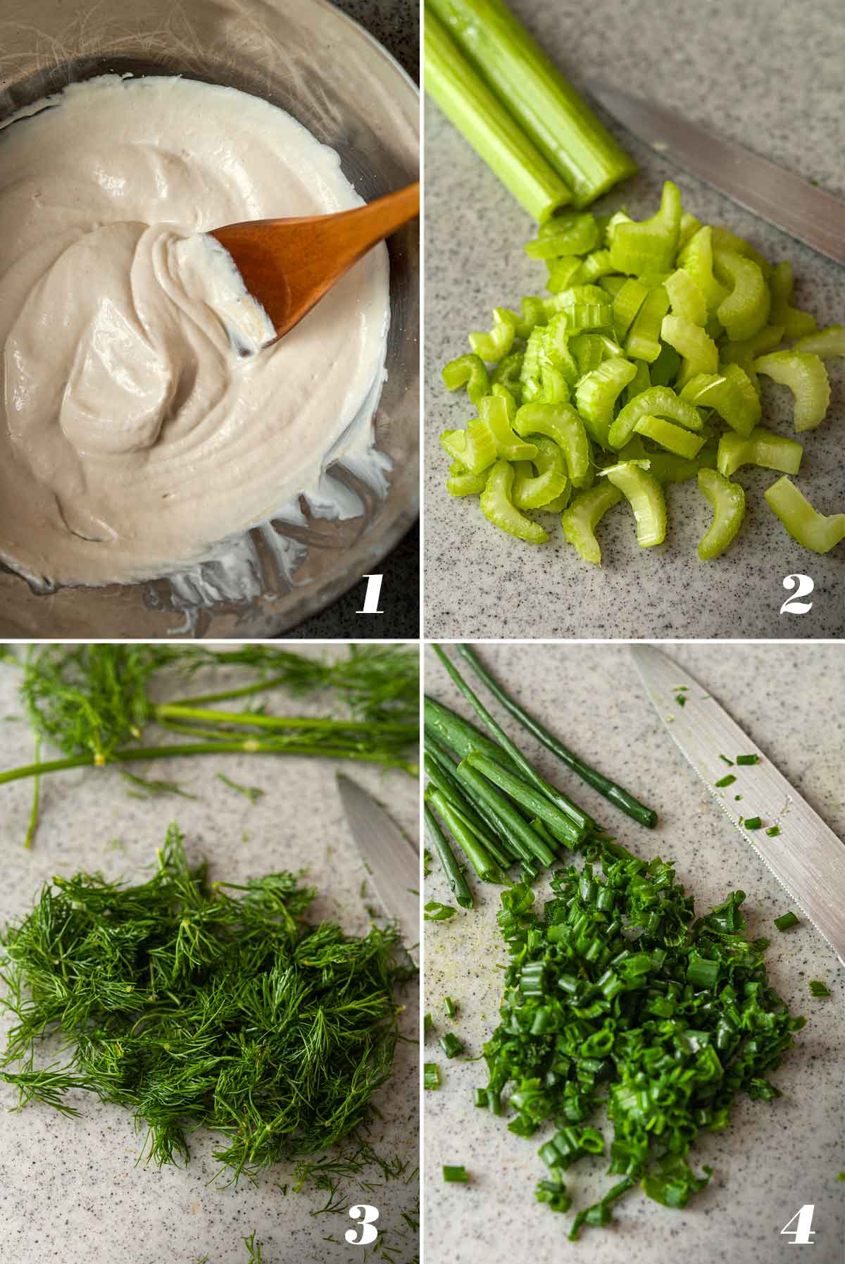 A collage of 4 numbered images showing how to prep ingredients for chickpea salad with dill.