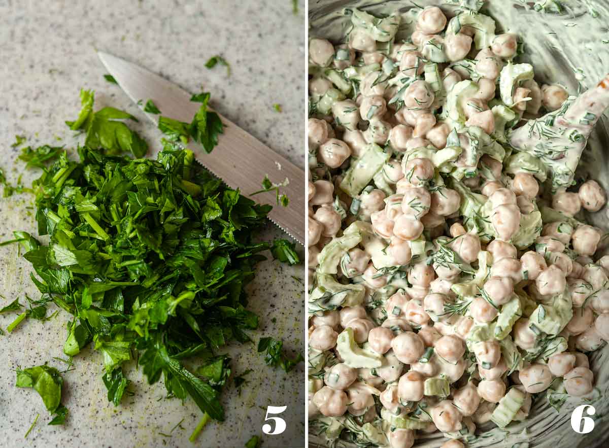 2 numbered images showing how to make chickpea salad with dill.