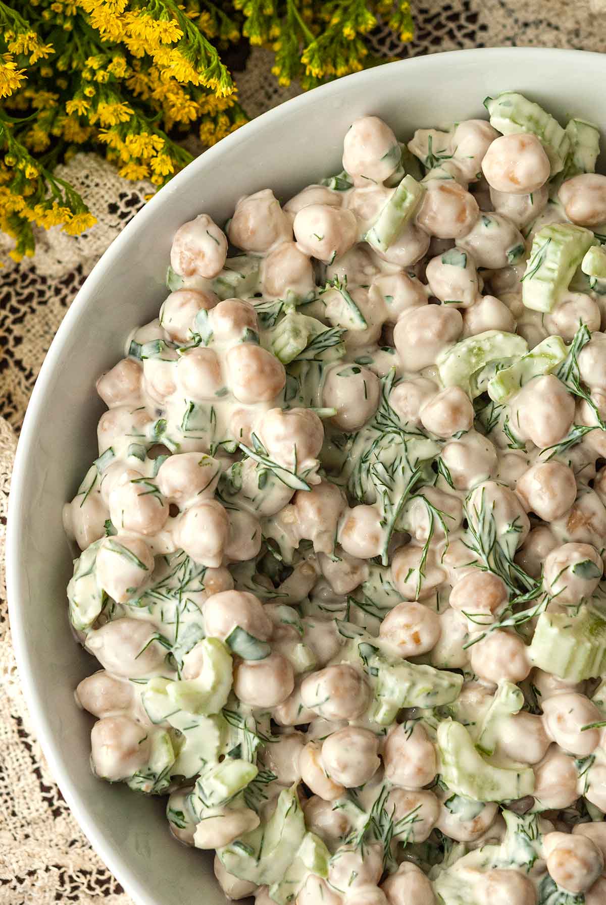 the chickpeas in a bowl of chickpea salad.