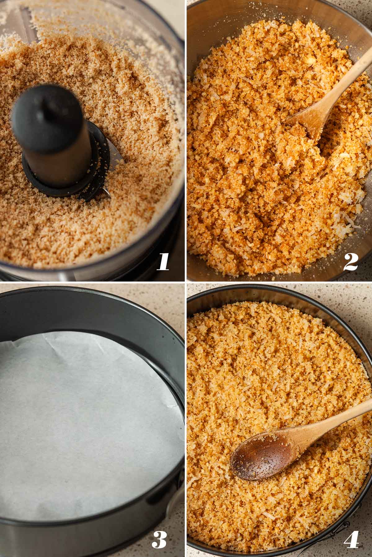 A collage of 4 numbered images showing how to make a no-bake crust.