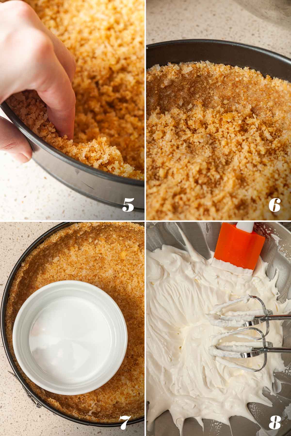 A collage of 4 numbered images showing how to create a no-bake crust and mix cream.
