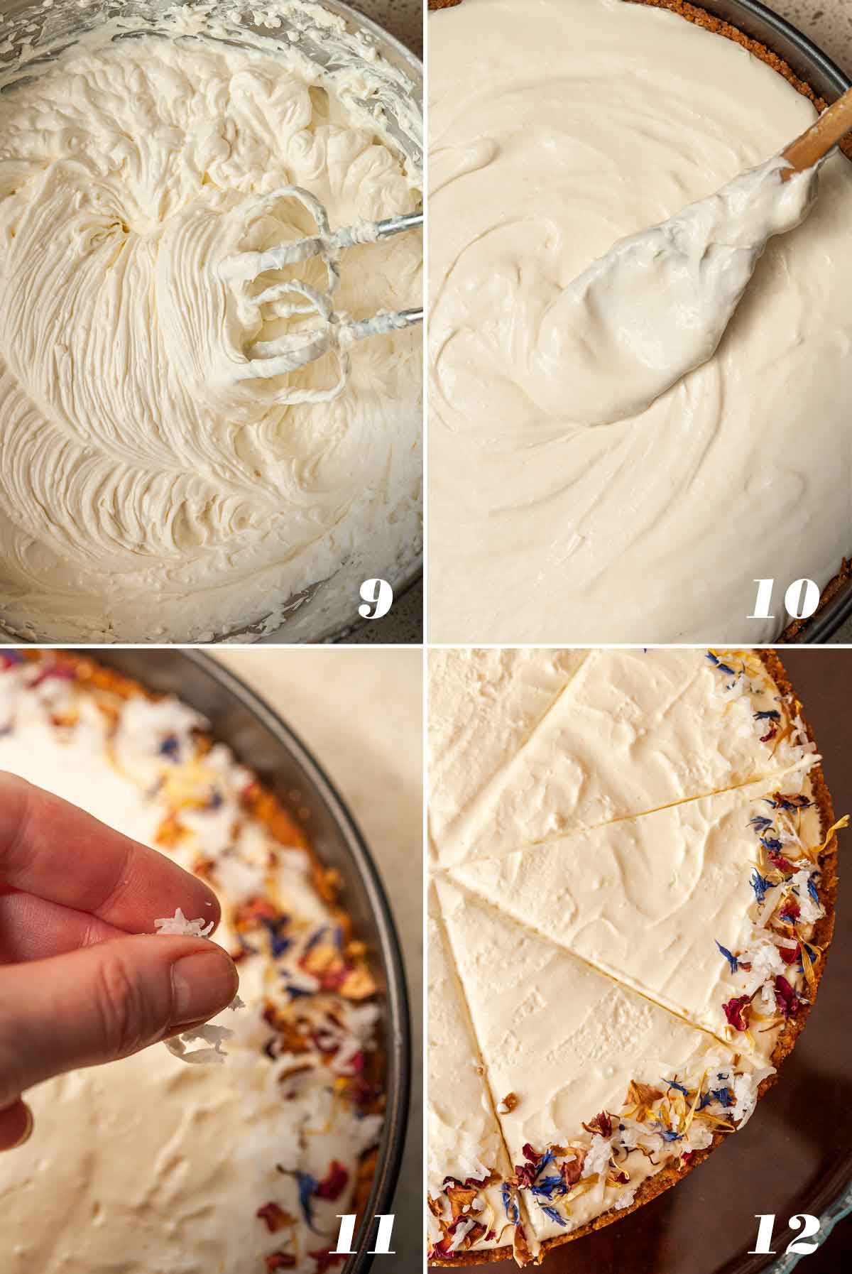 A collage of 4 numbered images showing how to add cheesecake to tin and garnish.