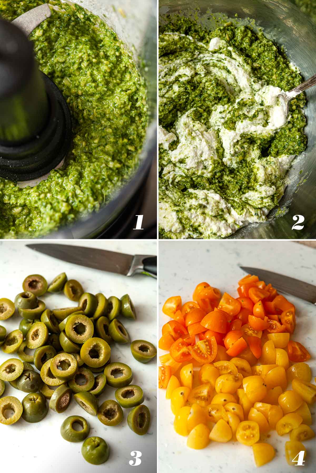 A collage of 4 numbered images showing how to prep ingredients for crostini.