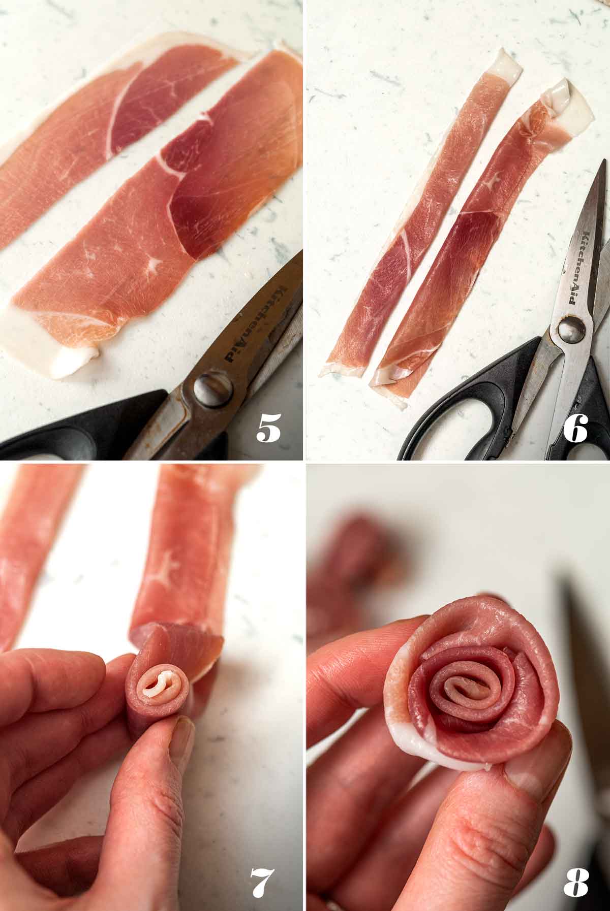 A collage of 4 numbered images showing how to make prosciutto roses.