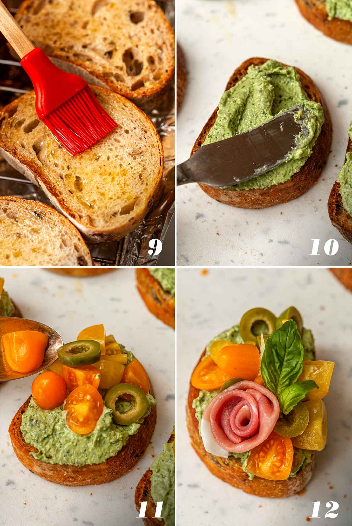 A collage of 4 numbered images showing how to assemble crostini.