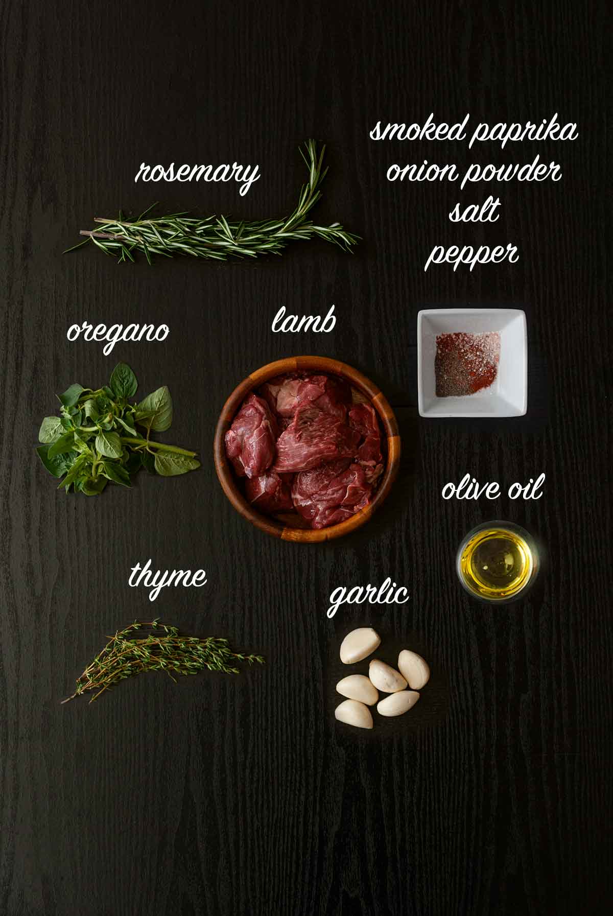 7 ingredients on a table with labels describing what they are.