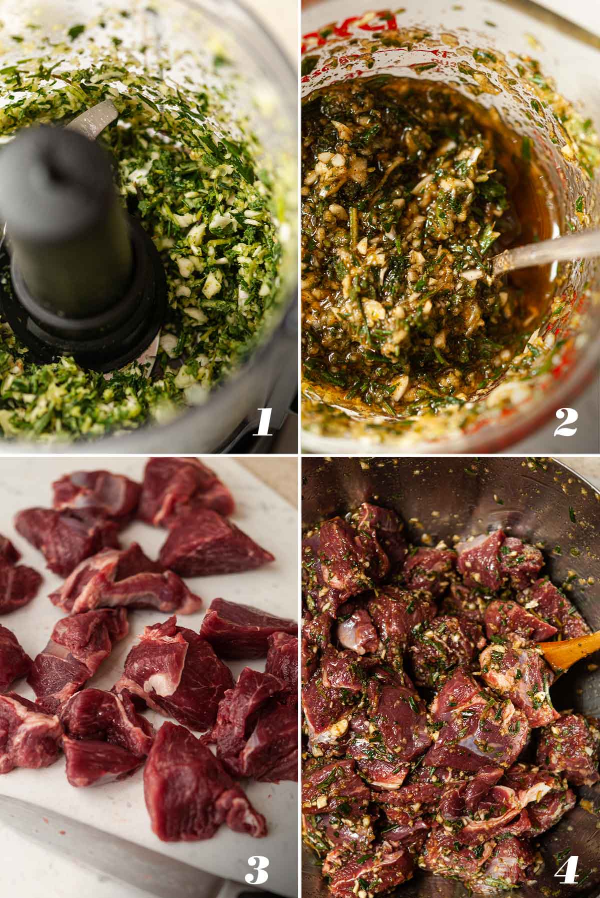 A collage of 4 numbered images showing how to prep ingredients for lamb skewers.