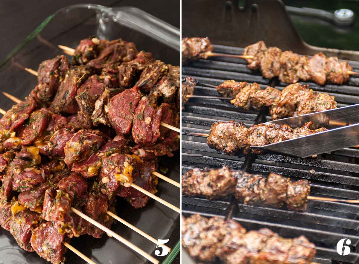 2 numbered images showing how to grill lamb skewers.