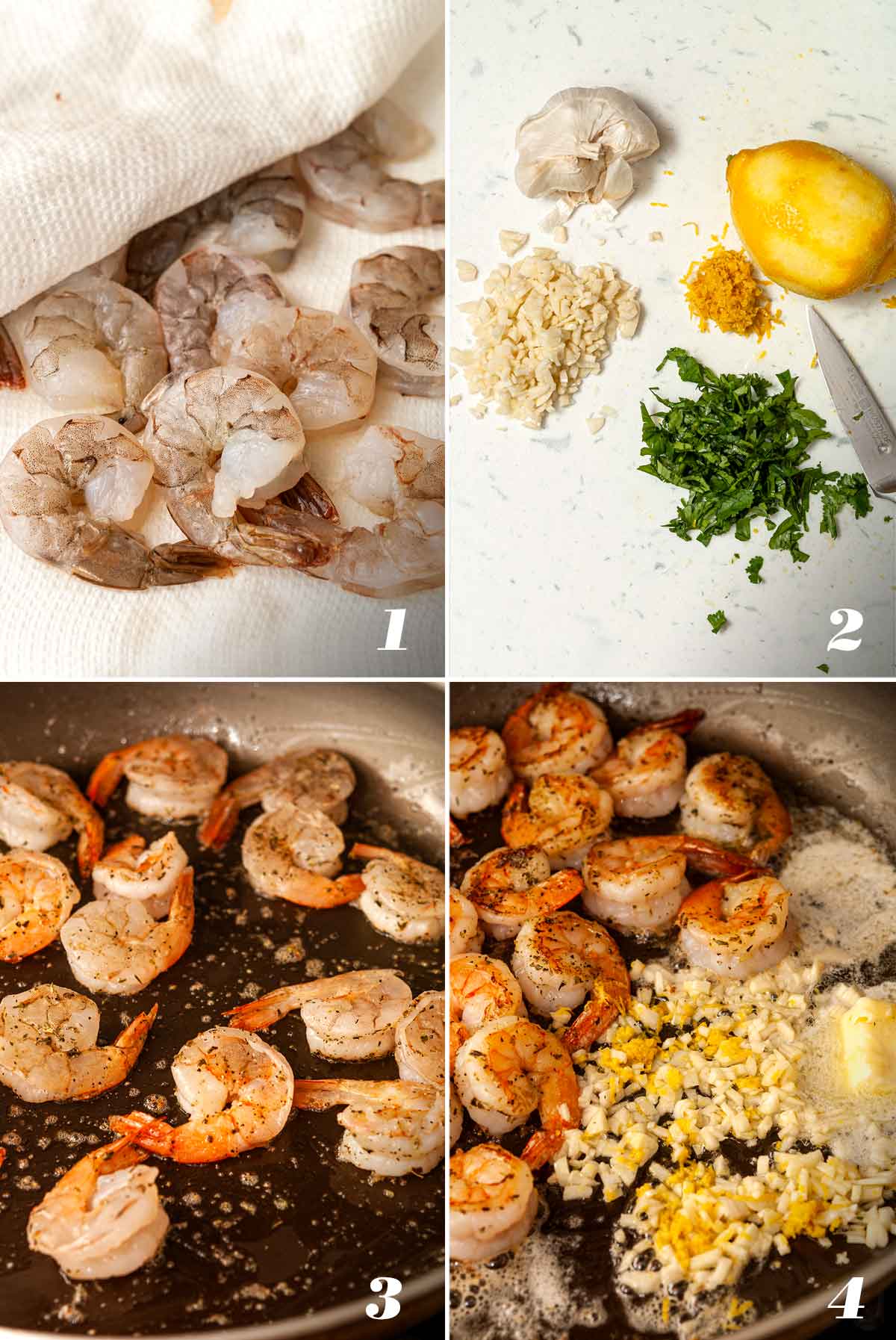 A collage of 4 numbered images showing how to prep ingredients and sauté shrimp.