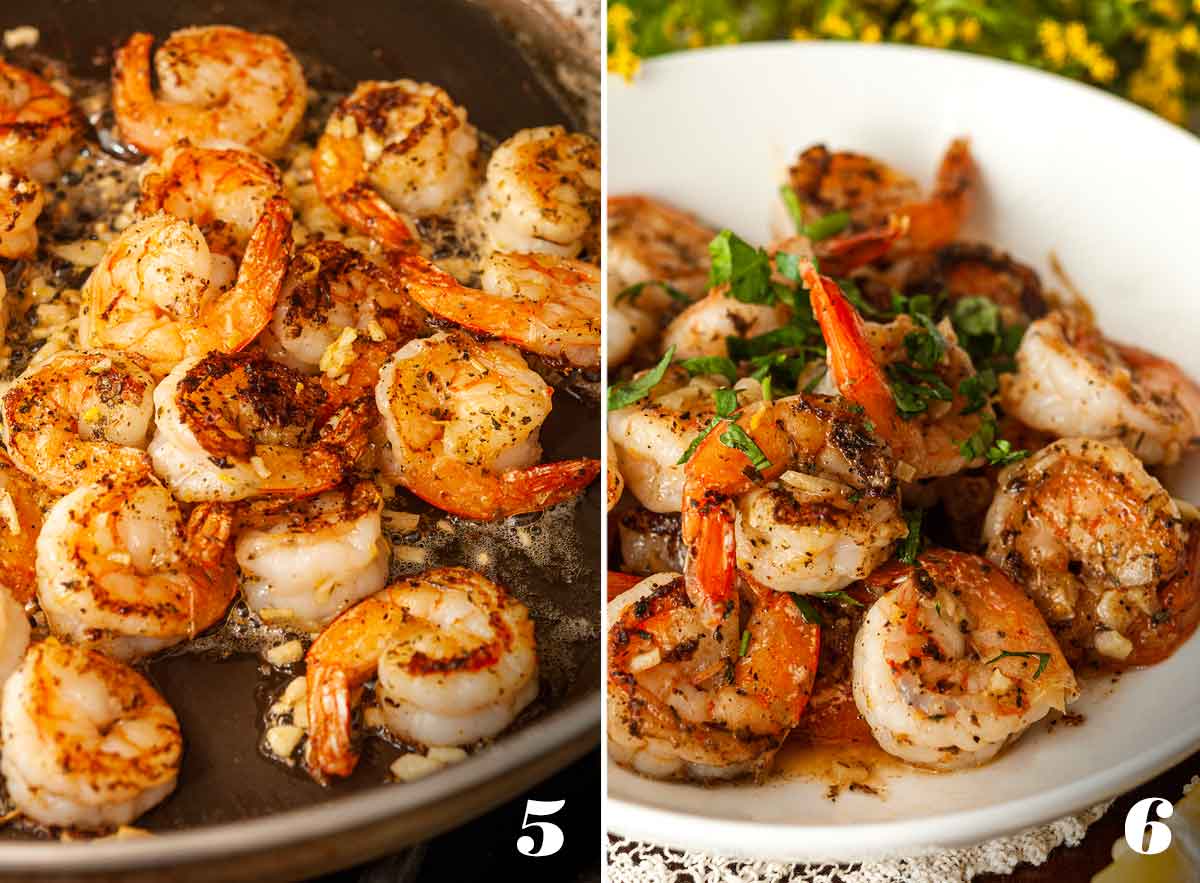 2 numbered images showing how to sauté and serve lemon butter shrimp.