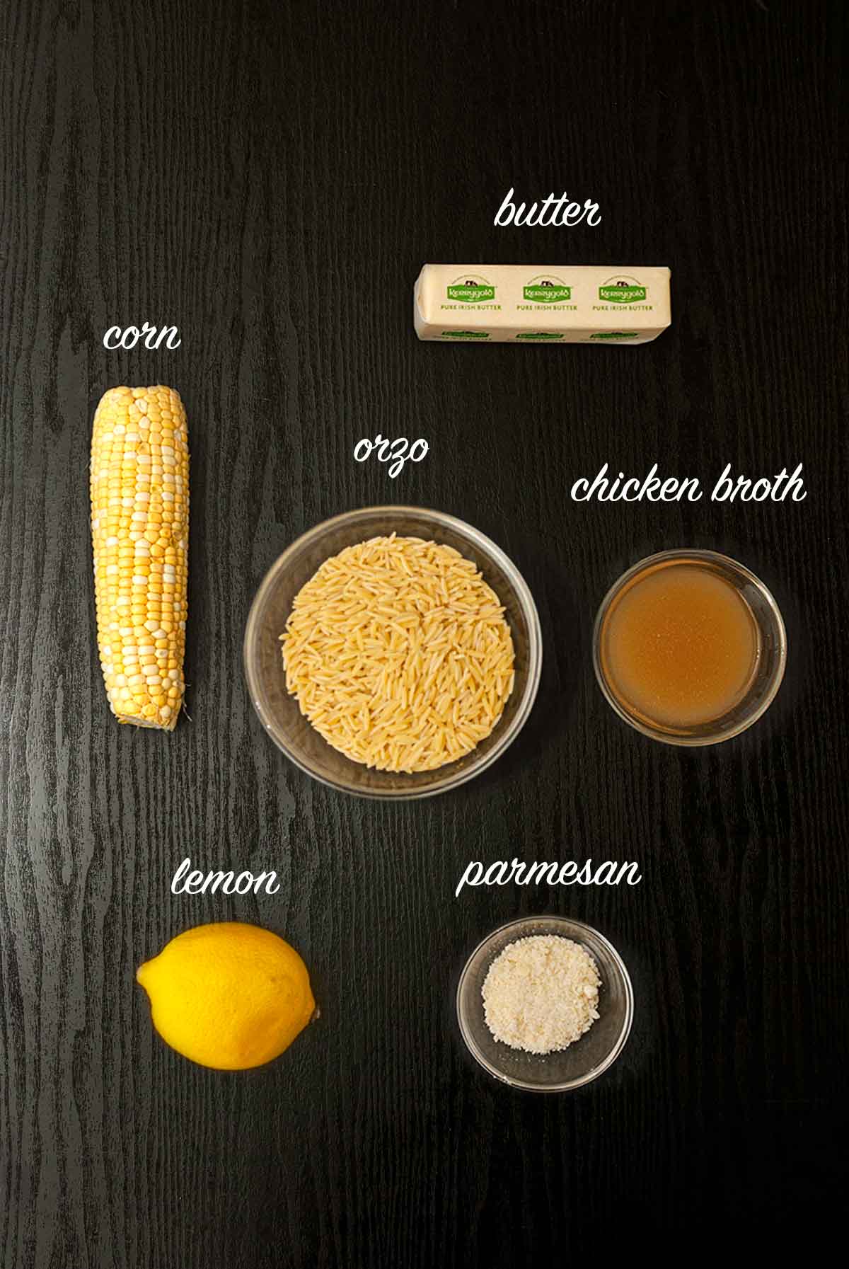 6 ingredients on a table with labels describing what they are.