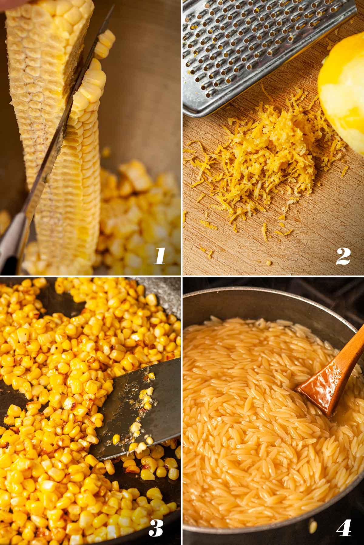 A collage of 4 numbered images showing how to make lemon orzo.