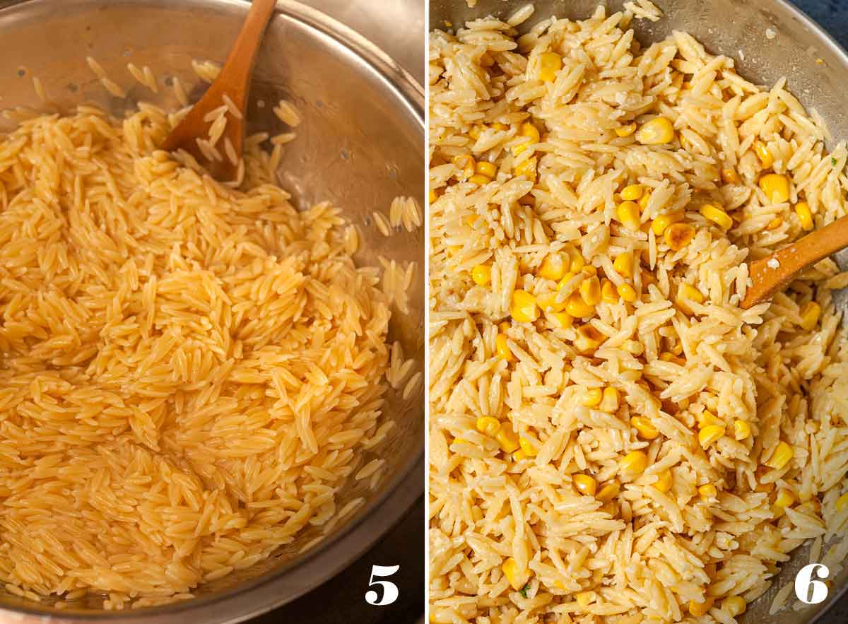 2 numbered images showing how to drain and mix lemon orzo.