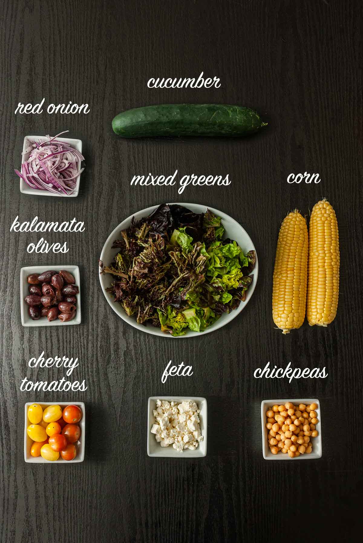 8 ingredients on a table with labels describing what they are.