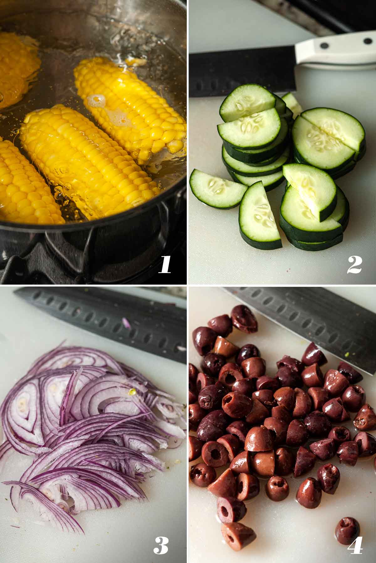 A collage of 4 numbered images showing how to prep ingredients for summer corn salad.