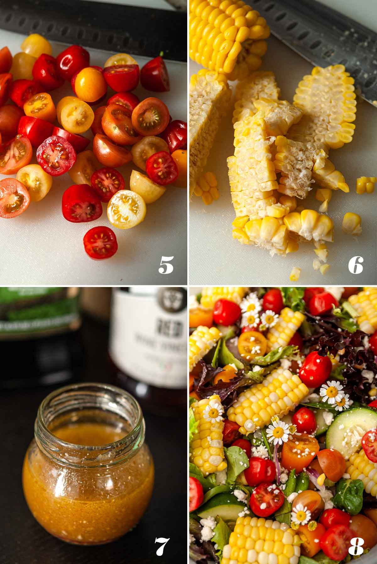 A collage of 4 numbered images showing how to make summer corn salad.