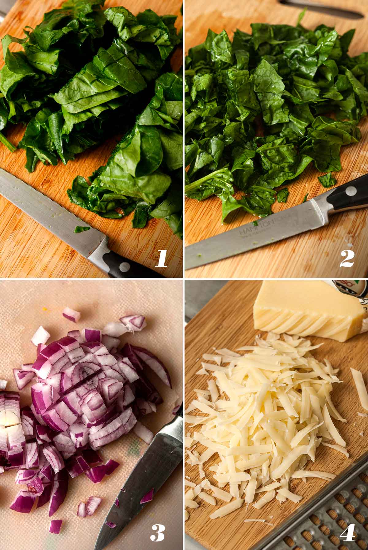 A collage of 4 numbered images showing how to prep ingredients for tuscan pasta.