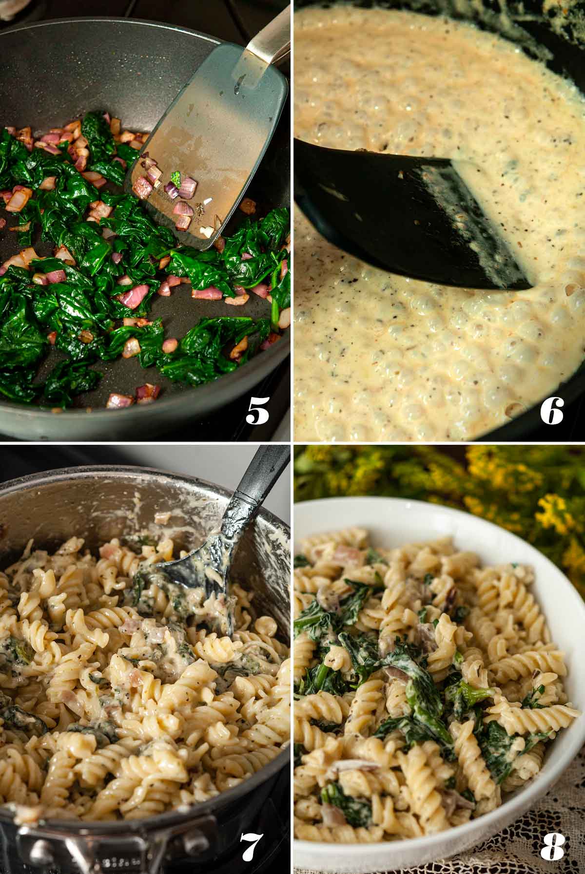 A collage of 4 numbered images showing how to make tuscan pasta.