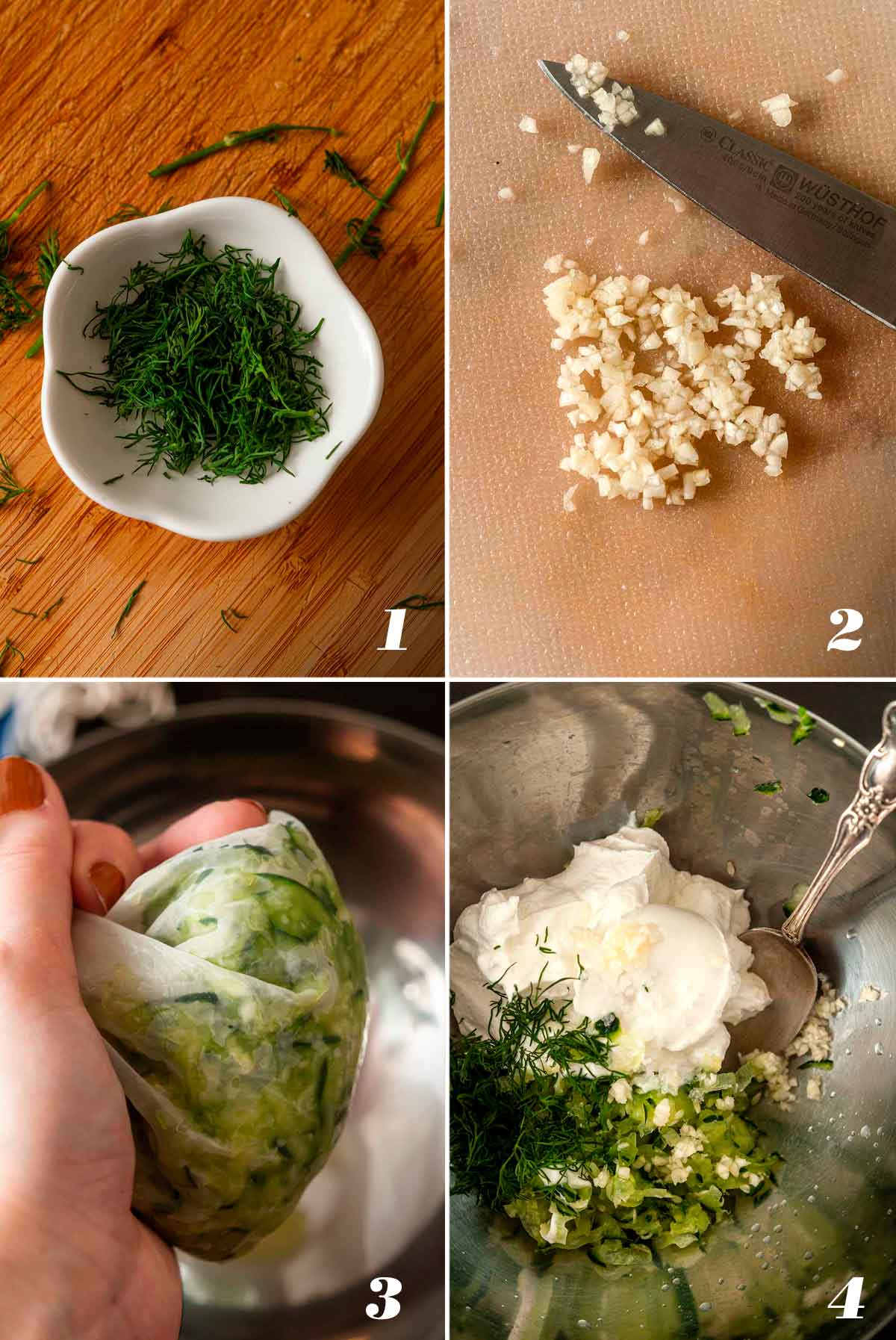 A collage of 4 numbered images showing how to make tzatziki.