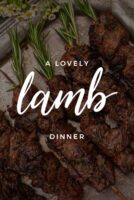 5 lamb skewers on a platter with a title that says "A Lovely Lamb Dinner."