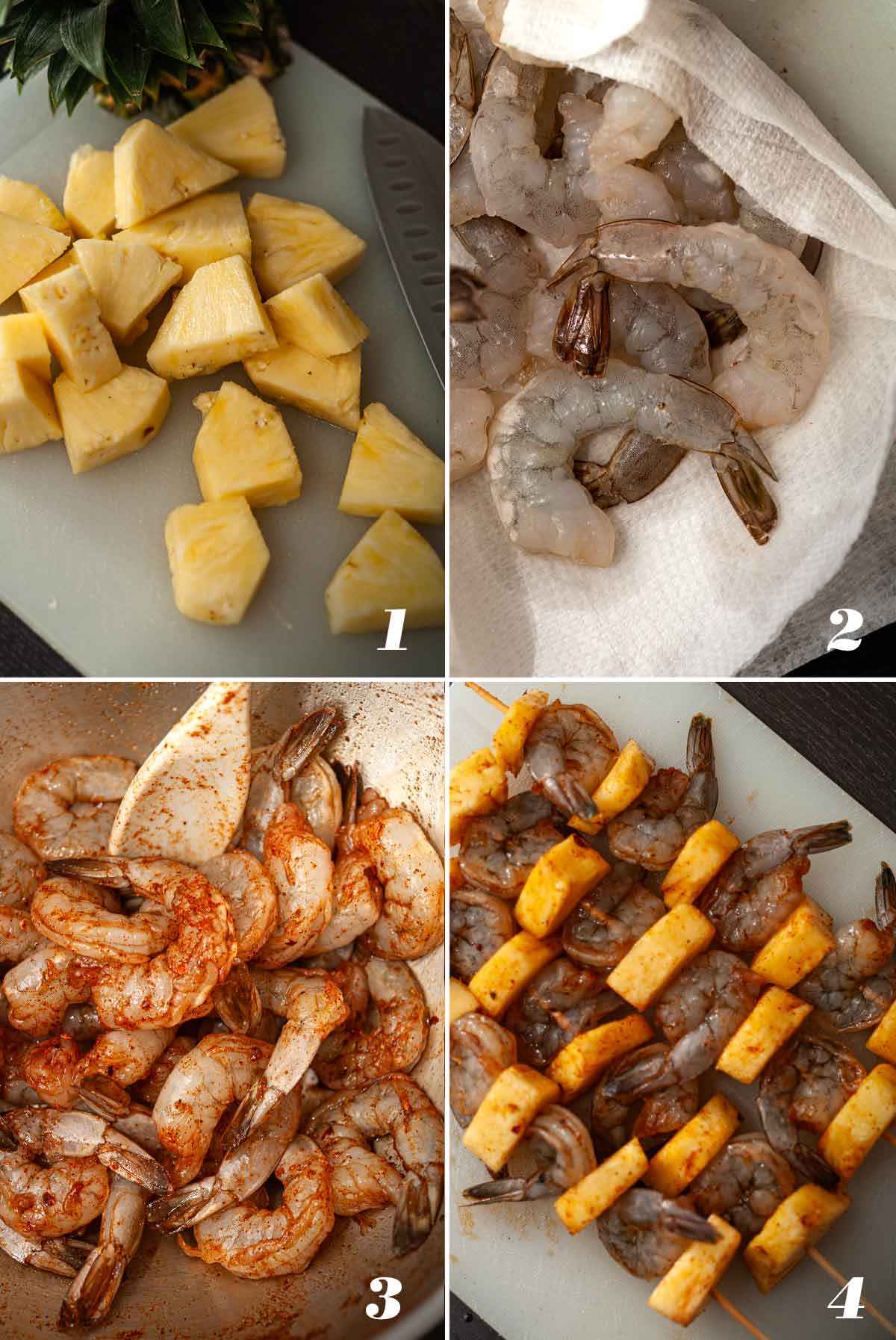 A collage of 4 numbered images showing how to prep shrimp and pineapple skewers.