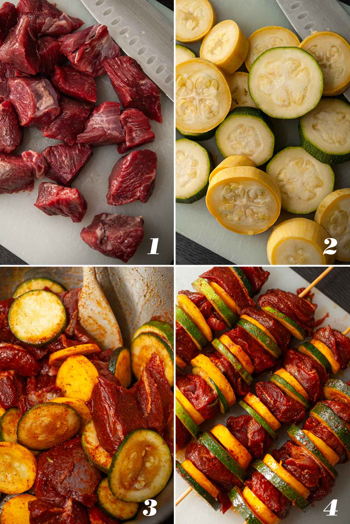 A collage of 4 numbered images showing how to prep lamb and zucchini skewers.