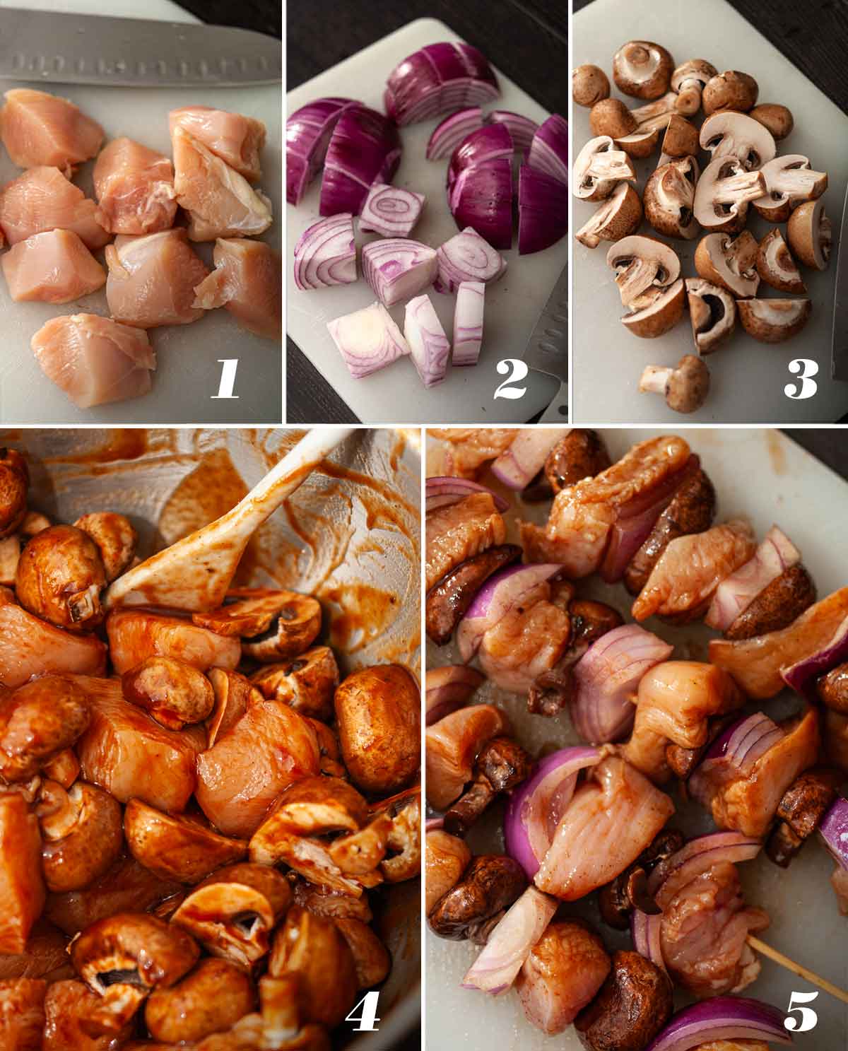 A collage of 5 numbered images showing how to prepare chicken, mushroom and onion skewers.