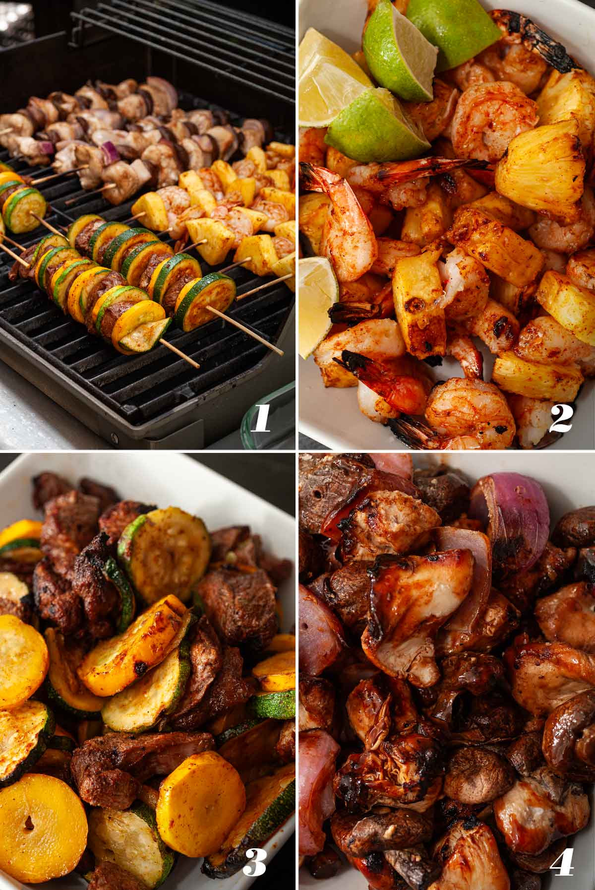 A collage of 4 numbered images showing how to grill and season skewers.