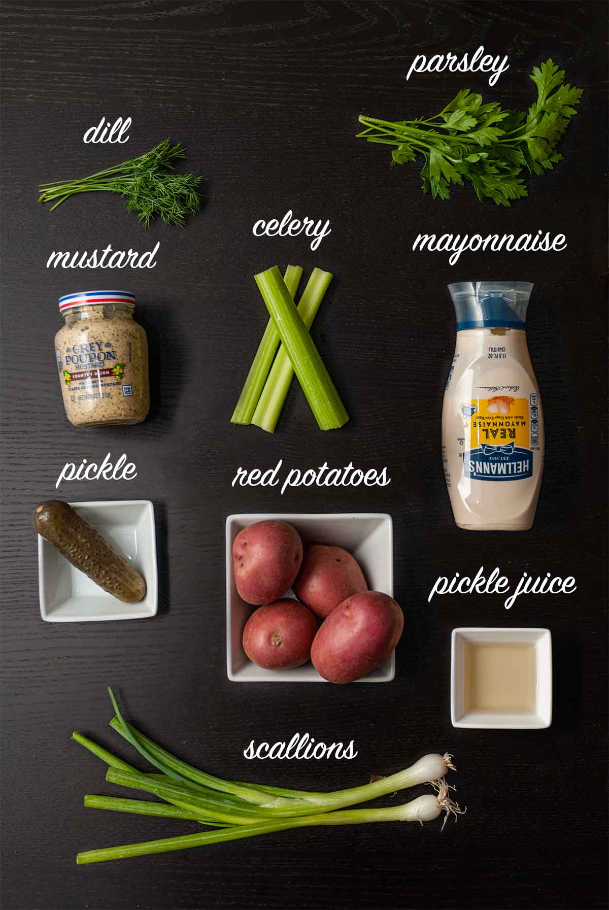 9 ingredients on a table with labels describing what they are.