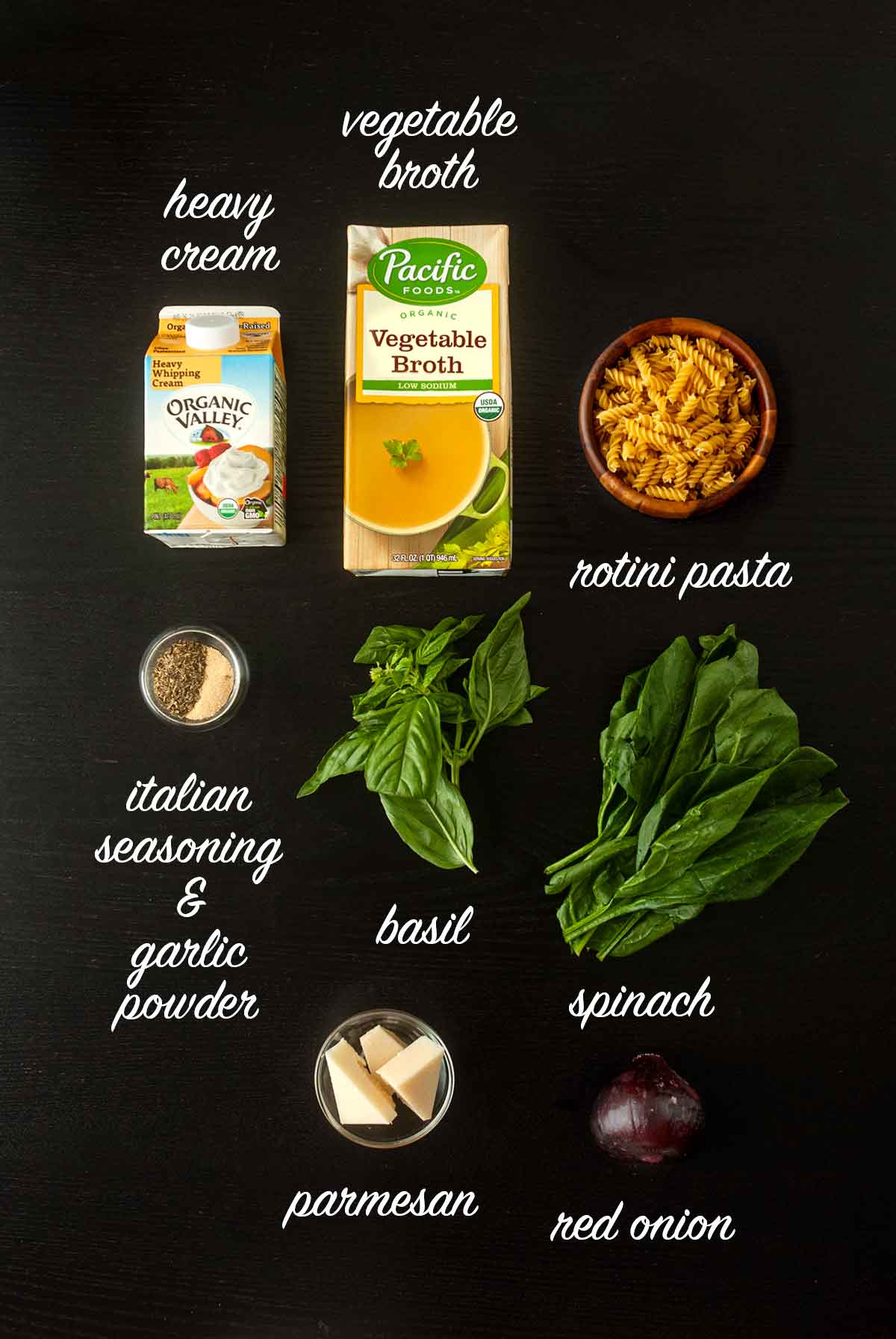 7 ingredients on a table with labels describing what they are.