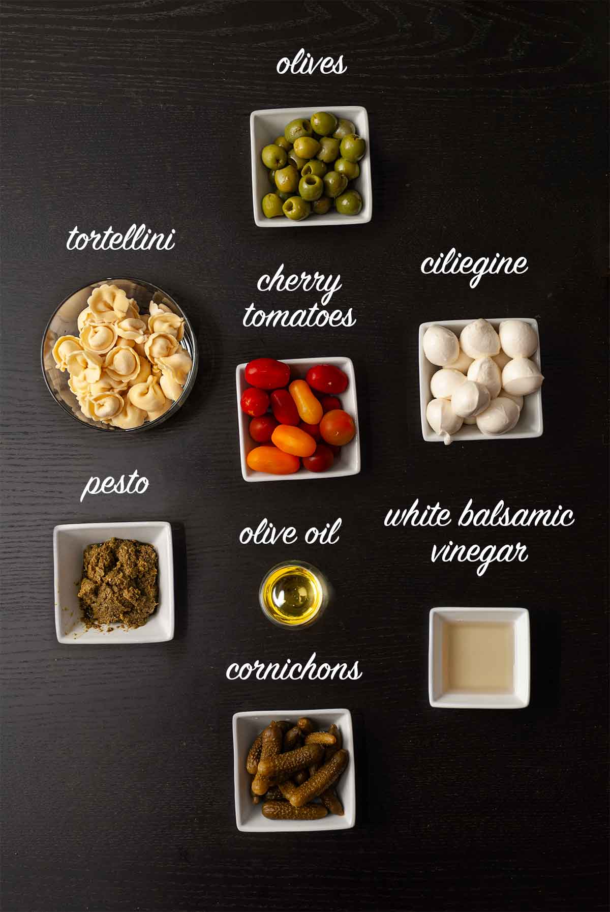 8 ingredients on a table with labels describing what they are.