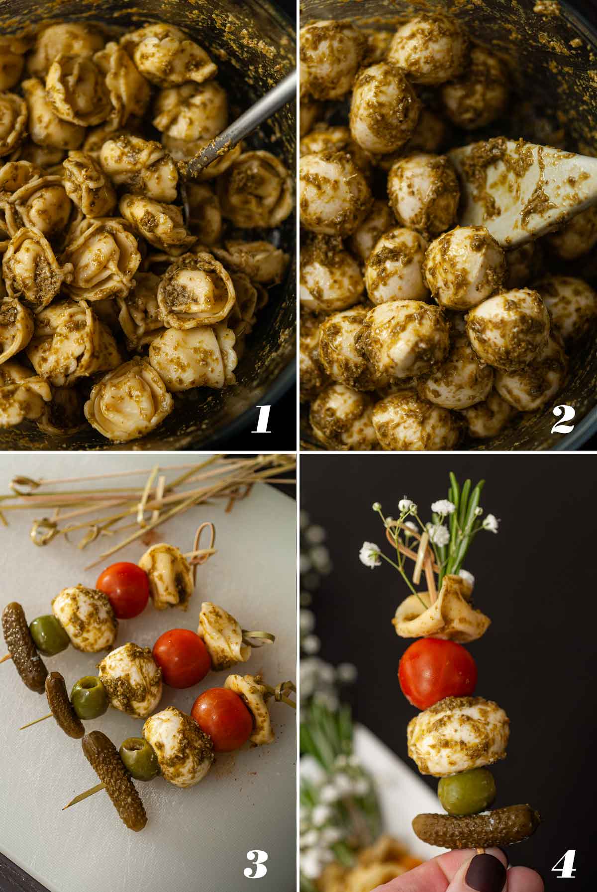 A collage of 4 numbered images showing how to make antipasti.