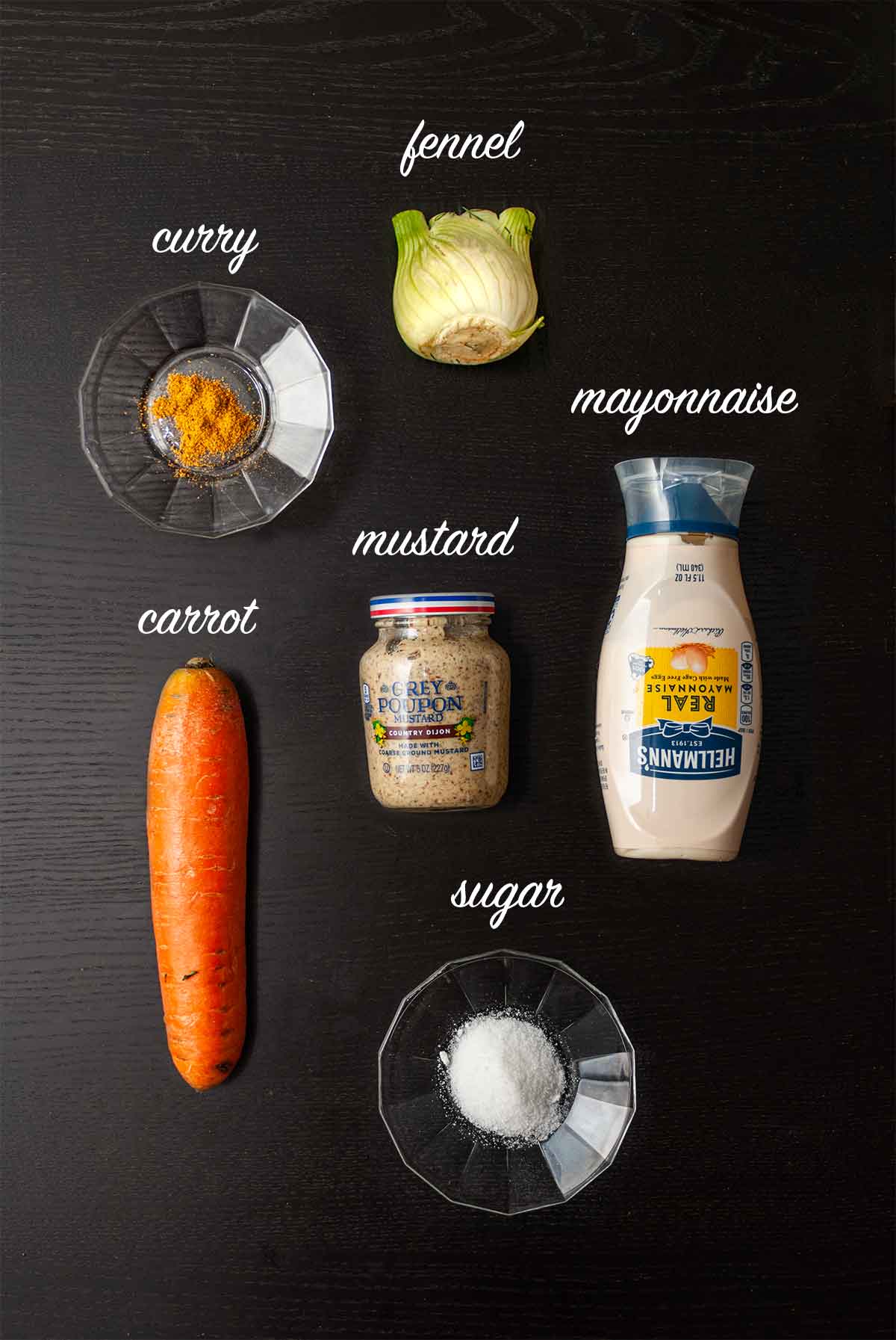 6 ingredients on a table with labels describing what they are.