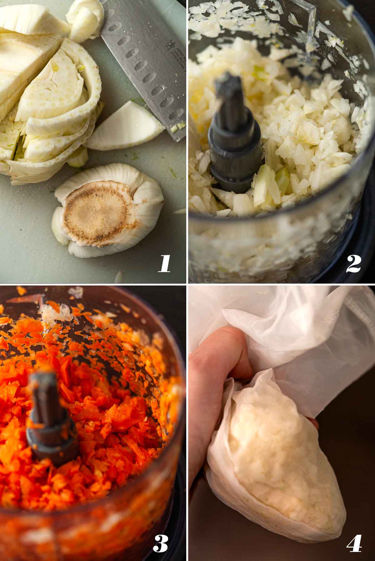 A collage of 4 numbered images showing how to make curried coleslaw.