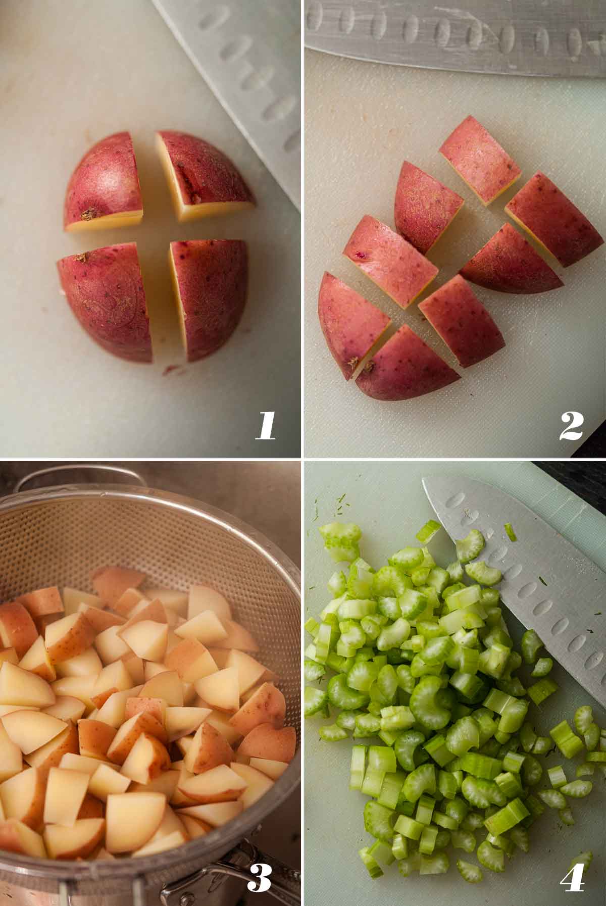 A collage of 4 numbered images showing how to prep potatoes and celery..