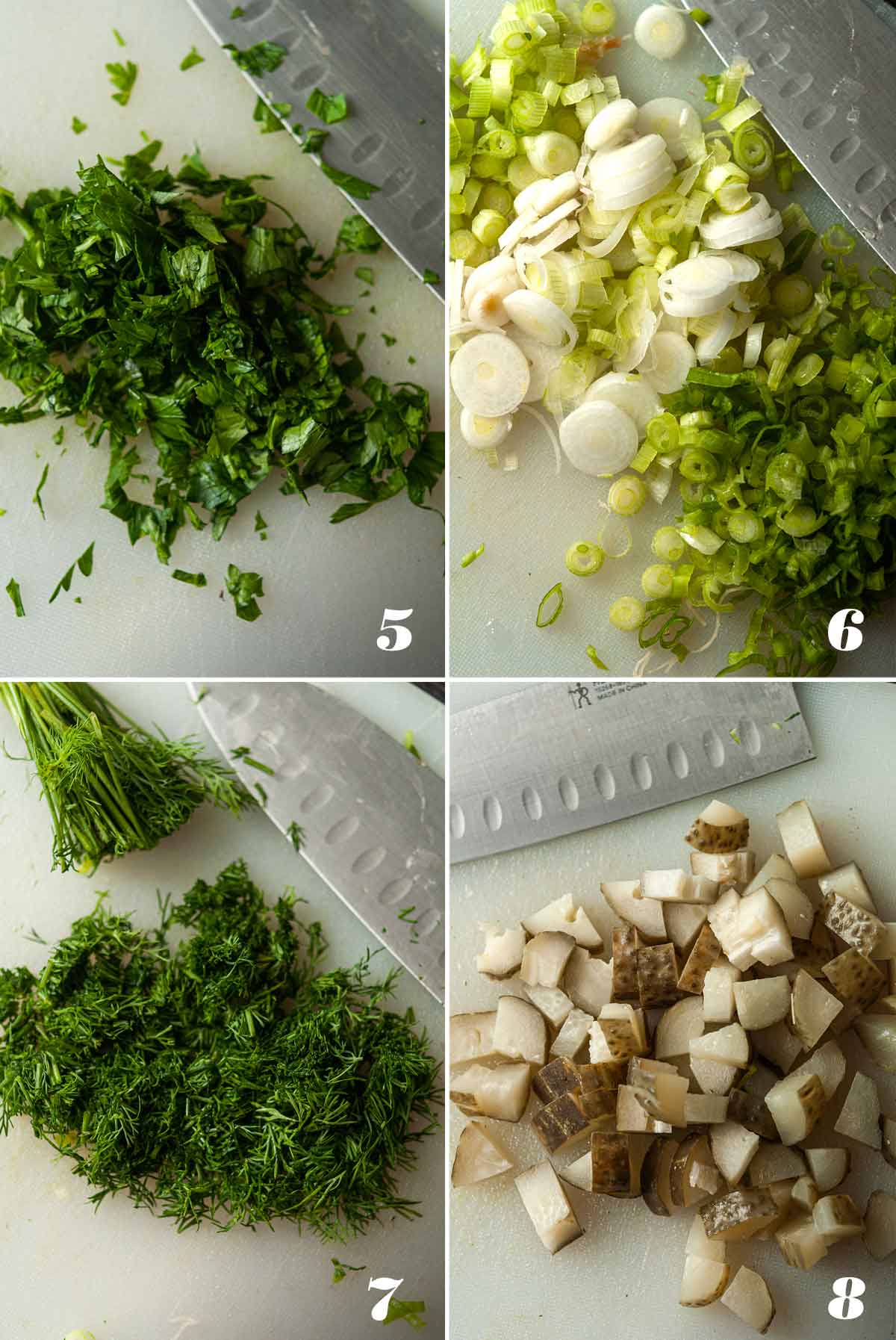 A collage of 4 numbered images showing how to prep ingredients for potato salad.