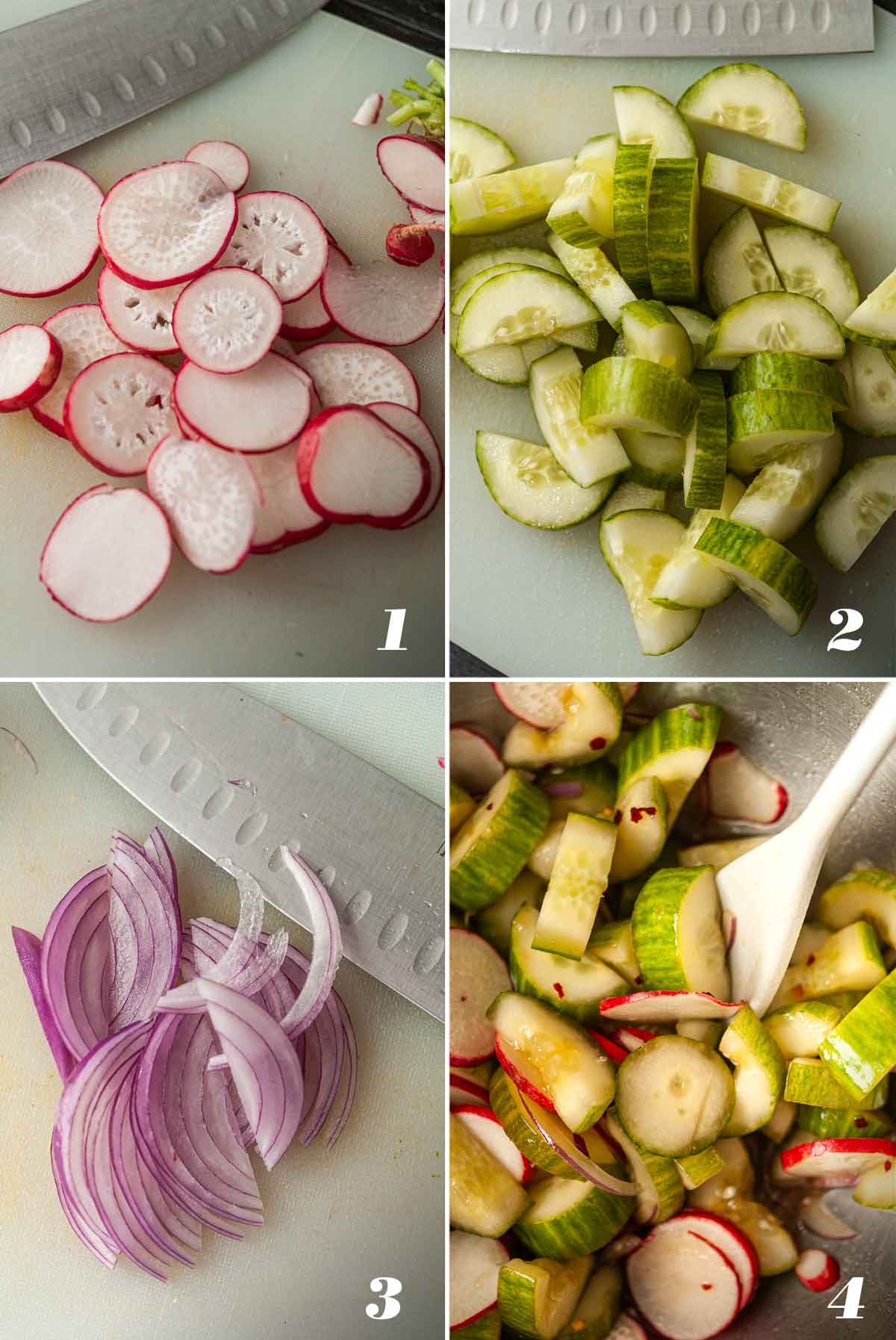 A collage of 4 numbered images showing how to prep ingredients.