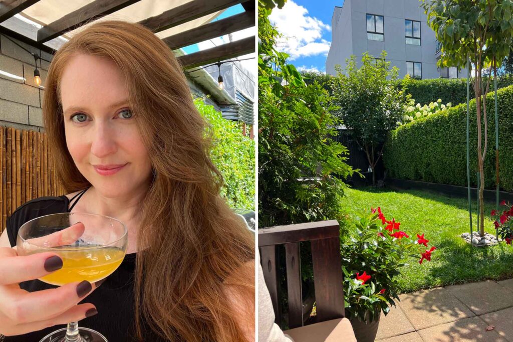 Genevieve Morrison holding a cocktail beside an image of a summery back yard.