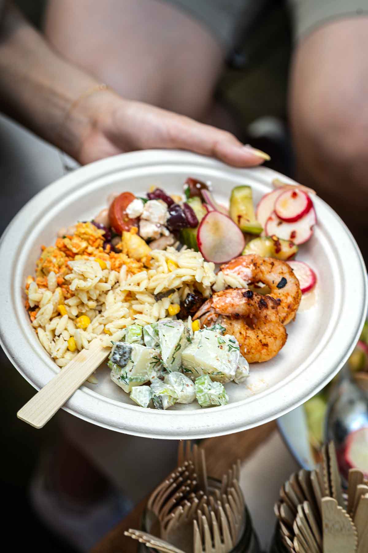 A hand holding a paper plate of barbecue food.