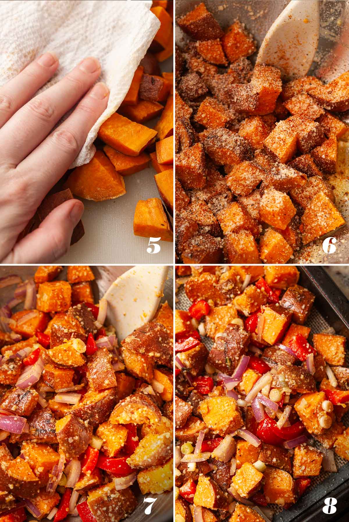 A collage of 4 numbered images showing bow to prep and bake potatoes.